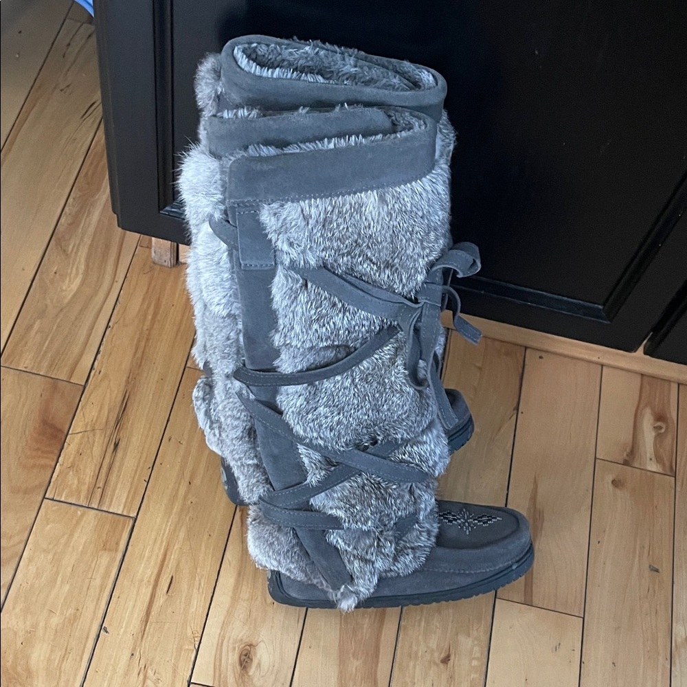 Gray Fur-Lined Women's Moccasin Boots